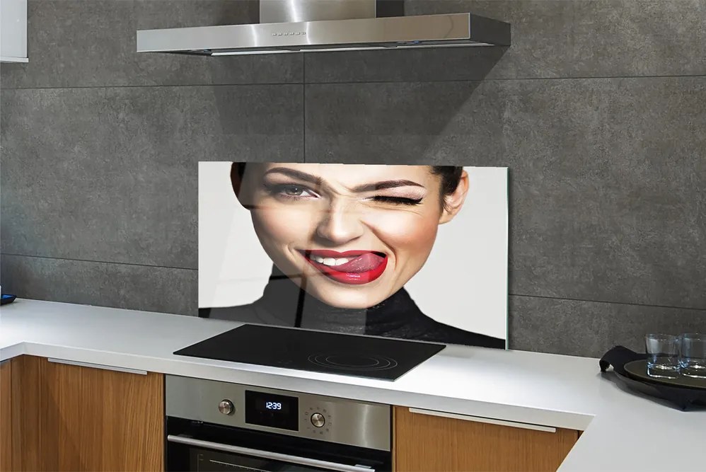 Szkło do Kuchni na Ścianę Portret z Czerwonymi Ustami