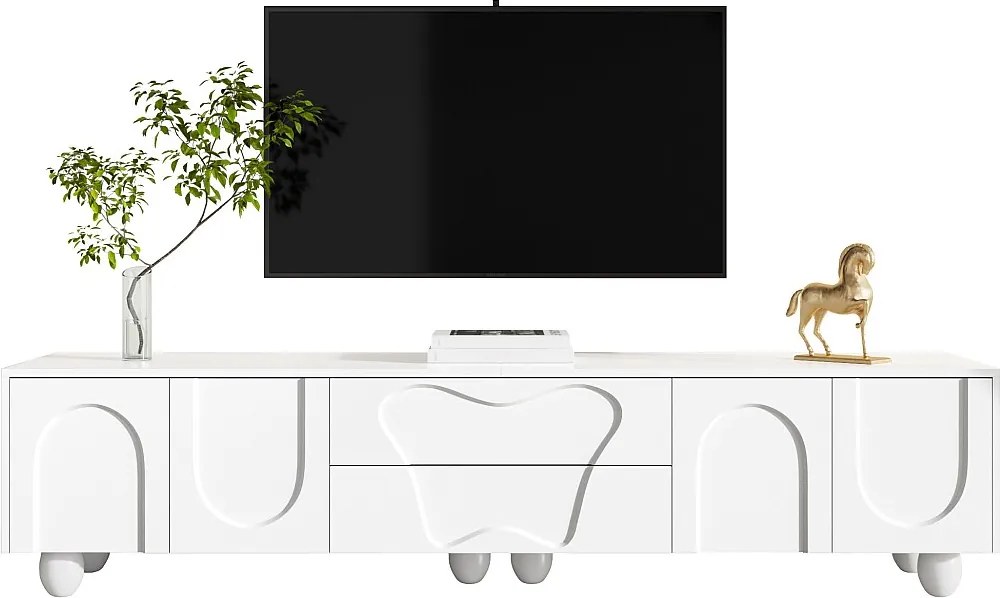 Szafka RTV na nogach drewnianych - 180 x 40 x 42 cm - z 2 szufladami + 4 drzwiami - płyta wiórowa - biała