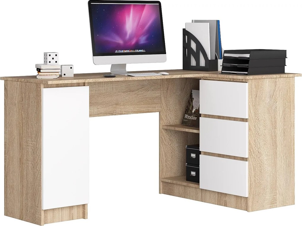 Biurko narożne AKORD B20 Dąb Sonoma 155 cm prawe 1 drzwi 3 szuflady kolor Biały mat 4 półki 155x85x77 cm