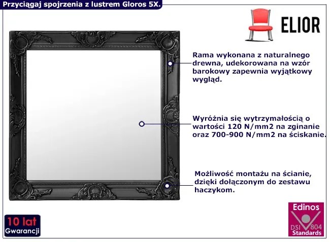 Czarne wiszące kwadratowe lustro w ramie - Gloros 5X