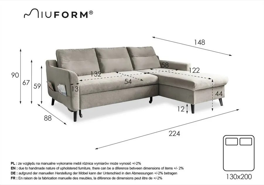 Turkusowy aksamitny narożnik rozkładany Miuform Stylish Stan, prawostronny