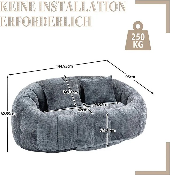 Leniwy Fotel z Weluru - 2-osobowy - z 2 Poduszkami - 62cm Głębokość Siedziska - Max. Obciążenie 250kg - Szary
