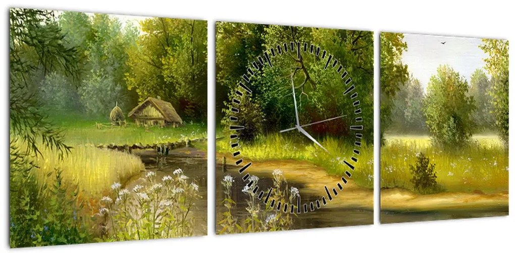 Obraz - Rzeka przy lesie, obraz olejny (z zegarem) (90x30 cm)