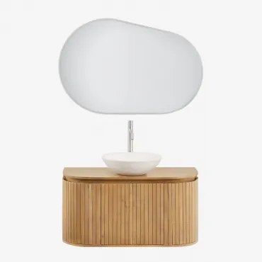 Zestaw Mebli Łazienkowych Z Drewna Mango Analis Naturalna & Cement Okrągły Biały Ø40 Cm Zavion & Owalna Lampa Led I - Sklum