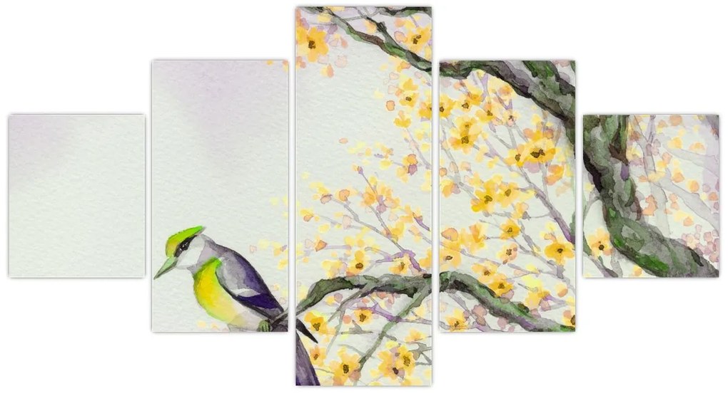 Obraz - Akwarelowy ptaszek na drzewie (125x70 cm)