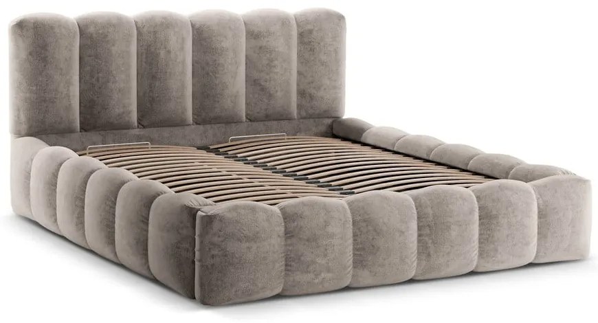 Jasnobrązowe tapicerowane łóżko dwuosobowe ze schowkiem i stelażem 200x200 cm Lupine – Micadoni Home