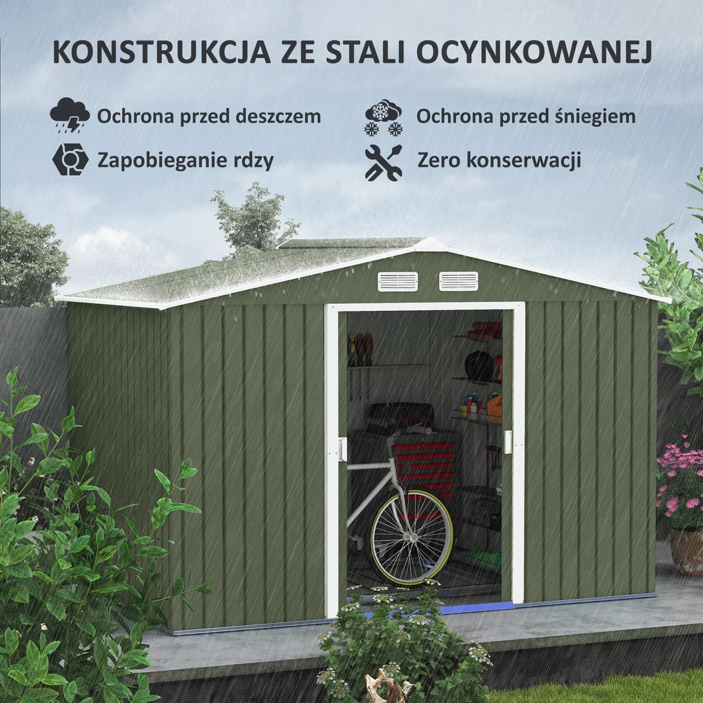 Outsunny Metalowy domek narzędziowy do ogrodu z drzwiami przesuwnymi 277x195x192 cm zielony | Aosom PL