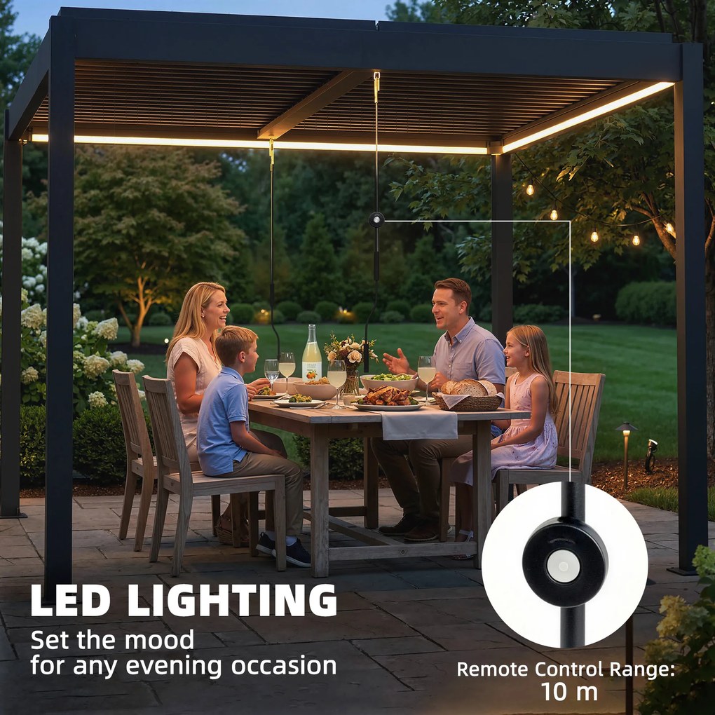 Outsunny Pergola 3x3 m z aluminium z oświetleniem LED, pilotem i regulowanym lamelowym dachem | Aosom PL