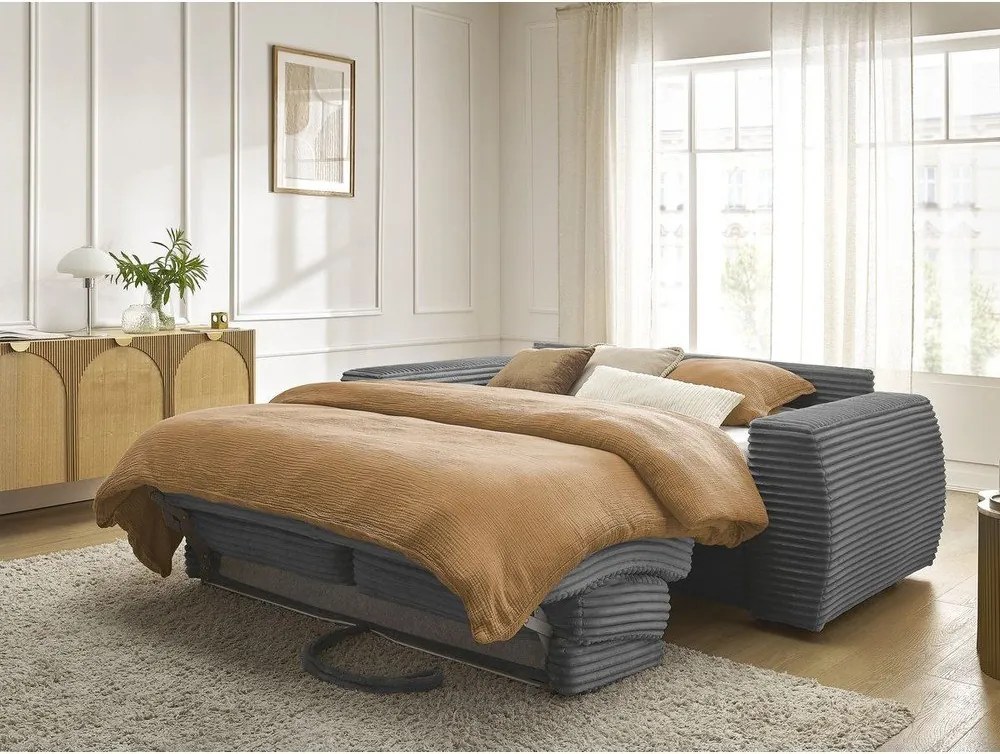 Ciemnoszara sztruksowa rozkładana sofa do spania 220 cm Hugo – Bobochic Paris