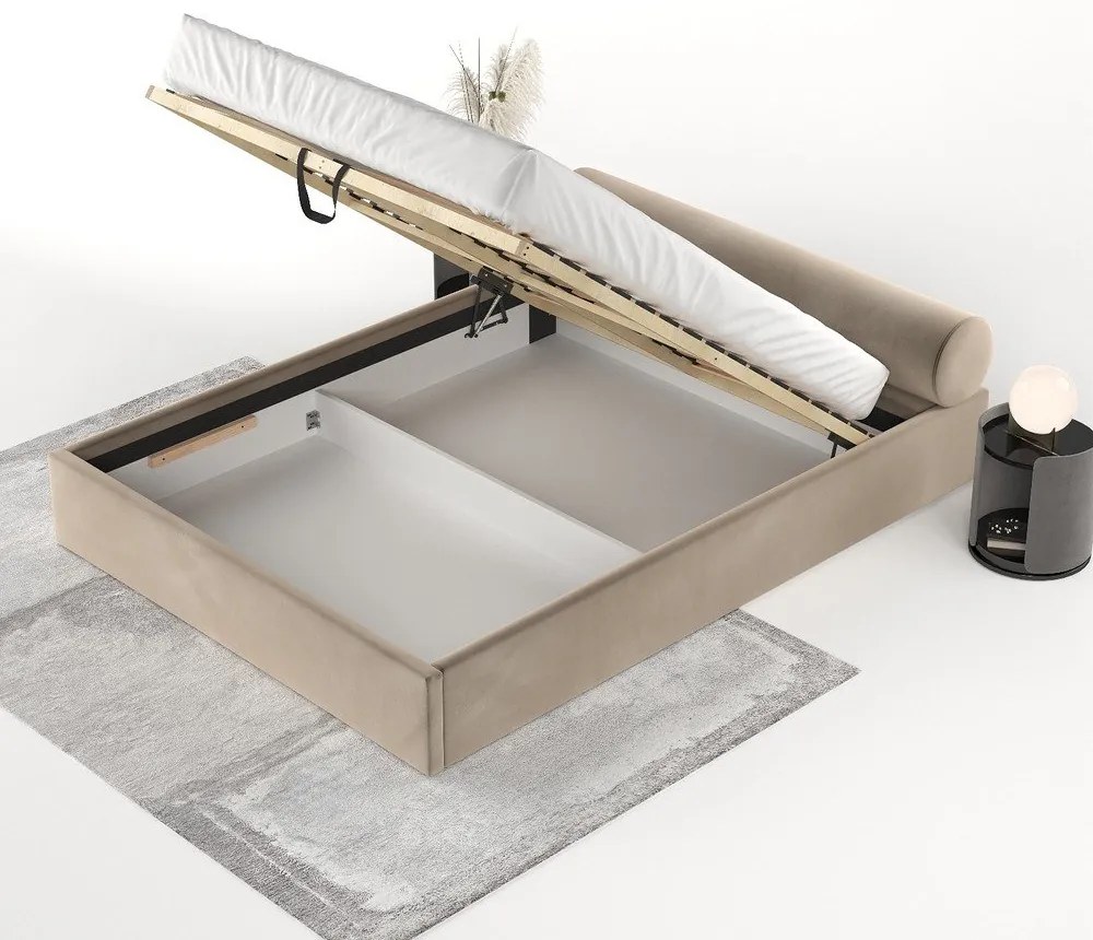Jasnobrązowe tapicerowane łóżko dwuosobowe ze schowkiem i stelażem 180x200 cm Solvo – Maison de Rêve