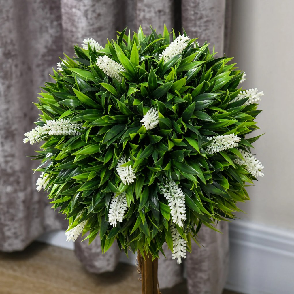 HOMCOM Zestaw 2 Sztucznych Drzewek Lawendowych, 60 cm Wysokości, Zawiera Donicę i Sztuczny Mech, Biały