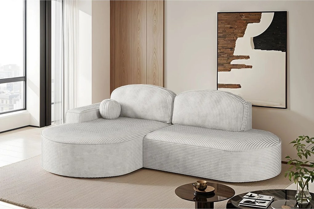 Narożnik z funkcją spania i pojemnikiem Modena Runden, tkanina Poso, Beżowy, Lewy