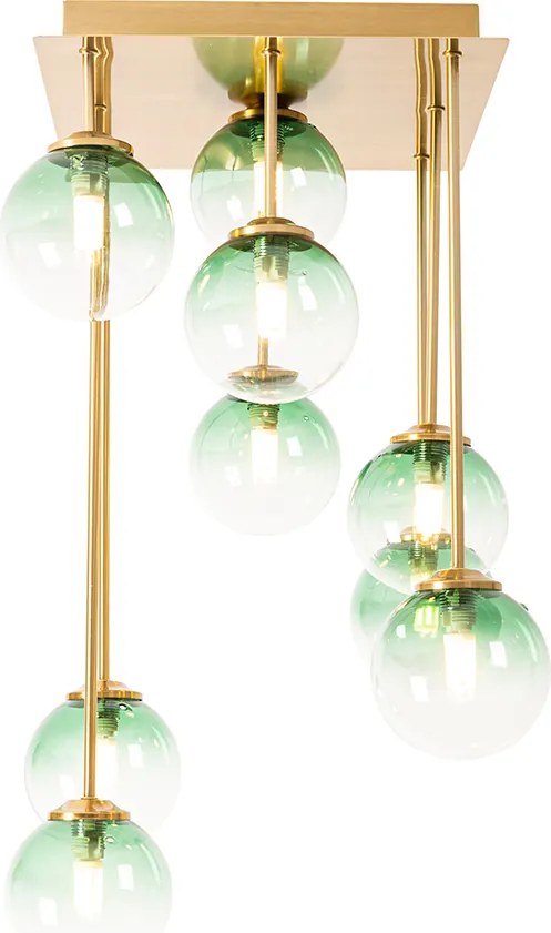 Lampa sufitowa w stylu art deco złota ze szklanymi kloszami w kolorze zielonym 9-świateł - Athens