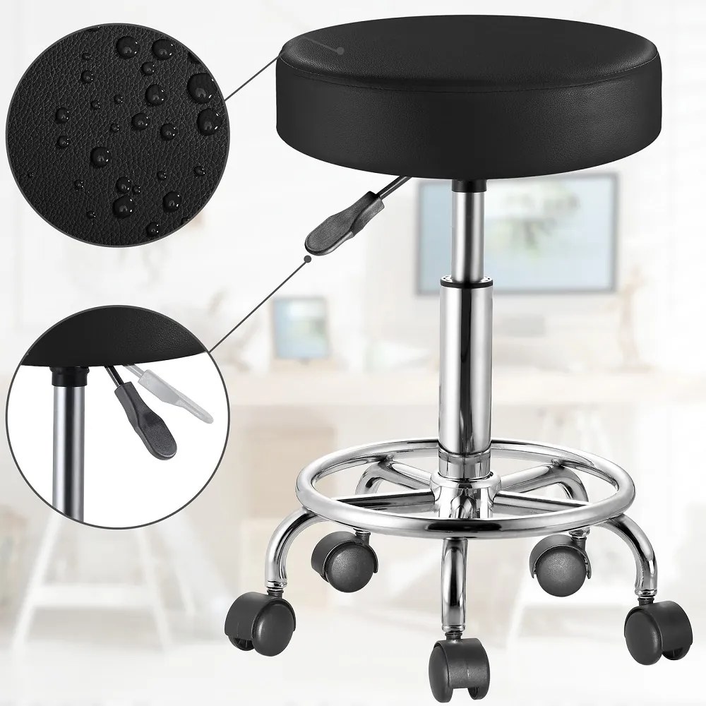 Taboretka na kółkach OXANA z podnóżkiem, Ø35cm, czarna Casaria