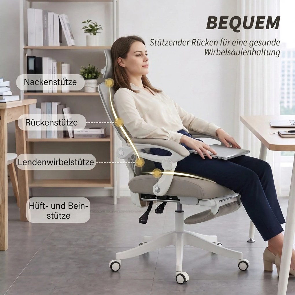 HOMCOM Fotel biurowy, ergonomiczne krzesło biurowe z podnóżkiem, funkcją kołysania, podłokietnikami, siatka, szary | Aosom PL
