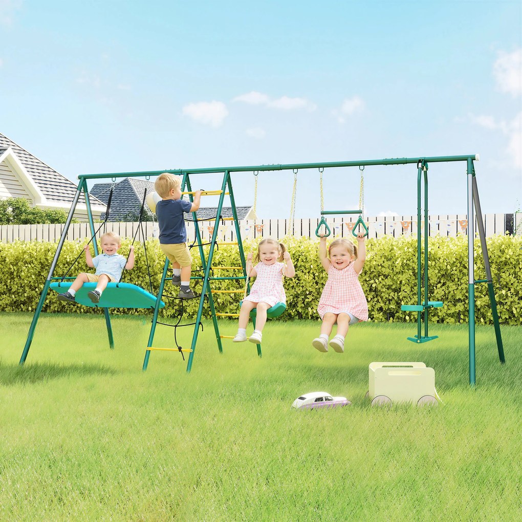 AIYAPLAY 5 w 1 huśtawka z regulowaną huśtawką typu gniazdo, kółkami gimnastycznymi, dwusiedziskiem, ścianką wspinaczkową, dla dzieci 3-8 lat, 440x175x203 cm | Aosom PL