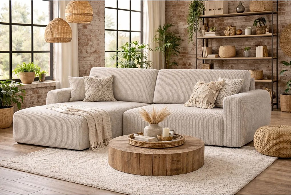 Narożnik z funkcją spania i pojemnikiem Ariel L, tkanina sztruksowa Poso, Beżowy, Lewy