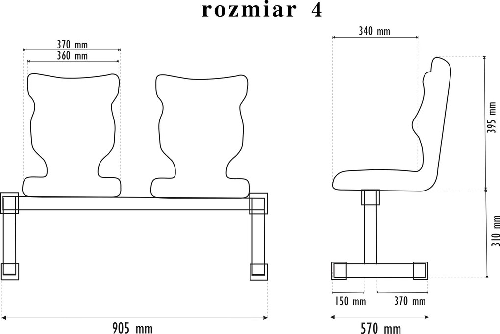 Zestaw siedziskowy - ławka szkolna na korytarz Bench 2-osobowa, rozmiar 4-6, podstawa czarna