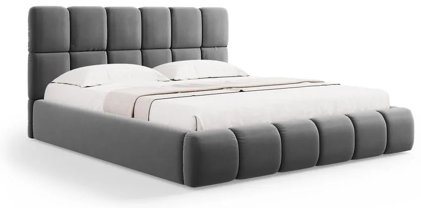 Szare aksamitne tapicerowane łóżko dwuosobowe ze schowkiem i stelażem 200x200 cm Bellis – Micadoni