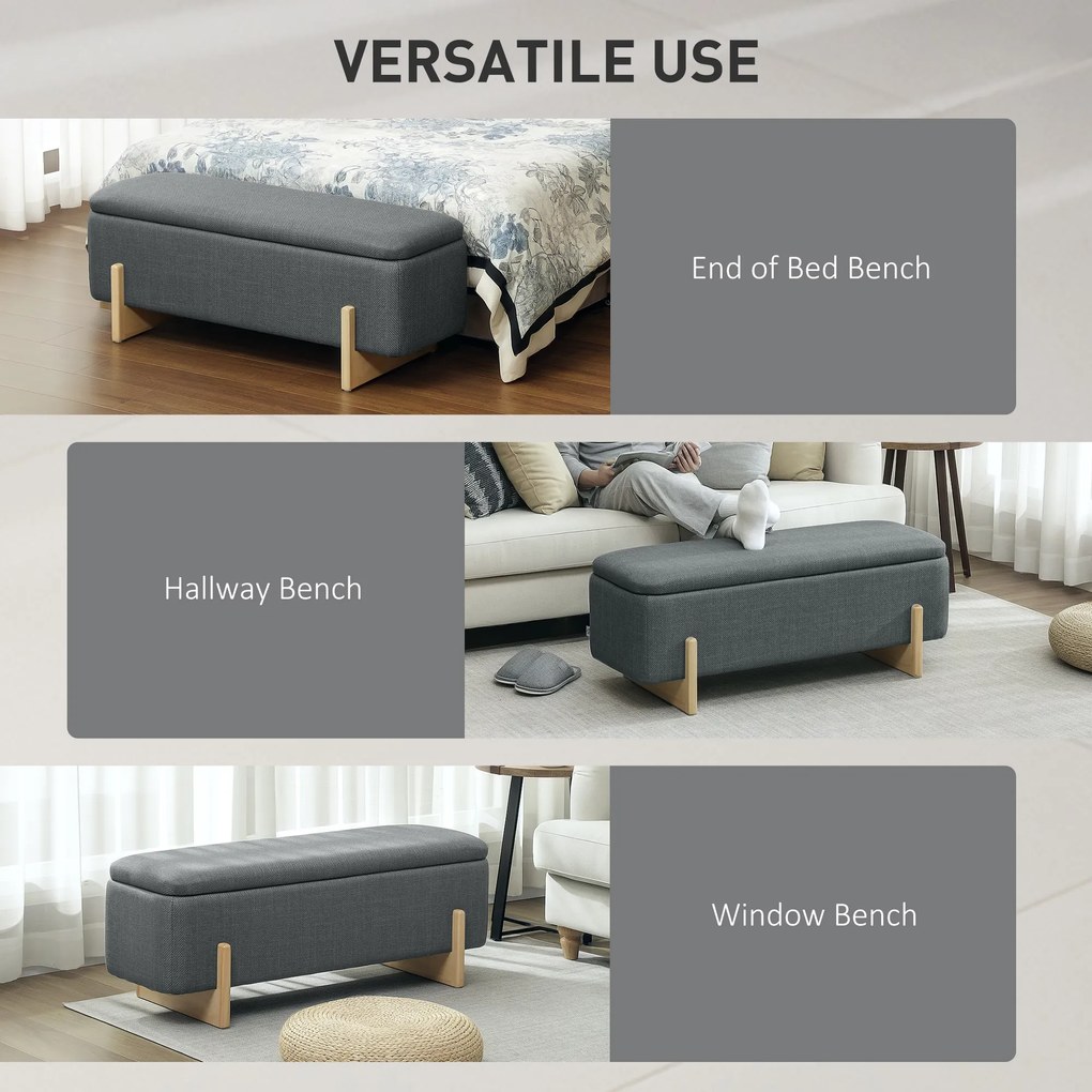 HOMCOM Hoker ze schowkiem, ławka z piankowym wypełnieniem, imitacja lnu, 111 x 44 x 44,5 cm, ciemnoszary