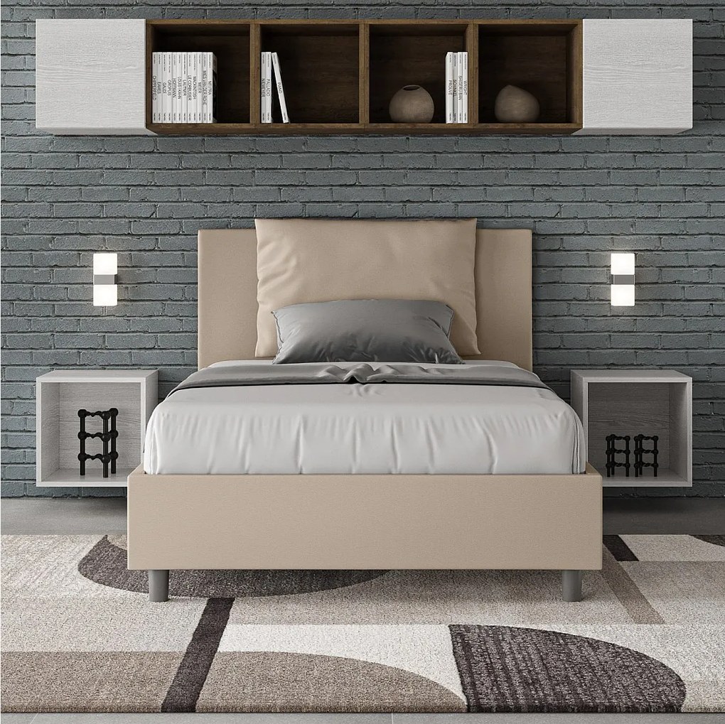 Łóżko wyposażone w stelaż z listwami tapicerowane 120x200 sztucznej skóry szaro-beżowy Antea