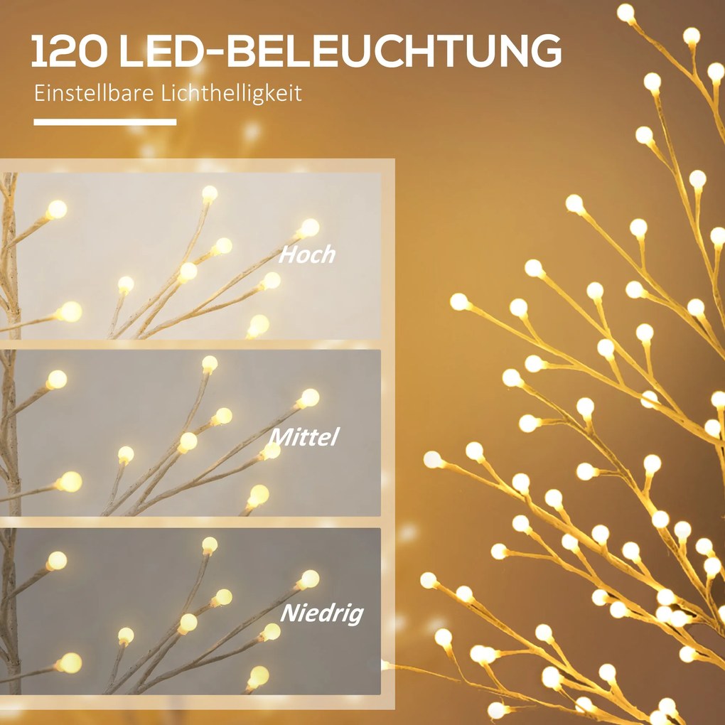 HOMCOM Sztuczna brzoza z 120 diodami LED, 3 poziomy jasności, składane gałęzie, IP44, 150 cm, Biały