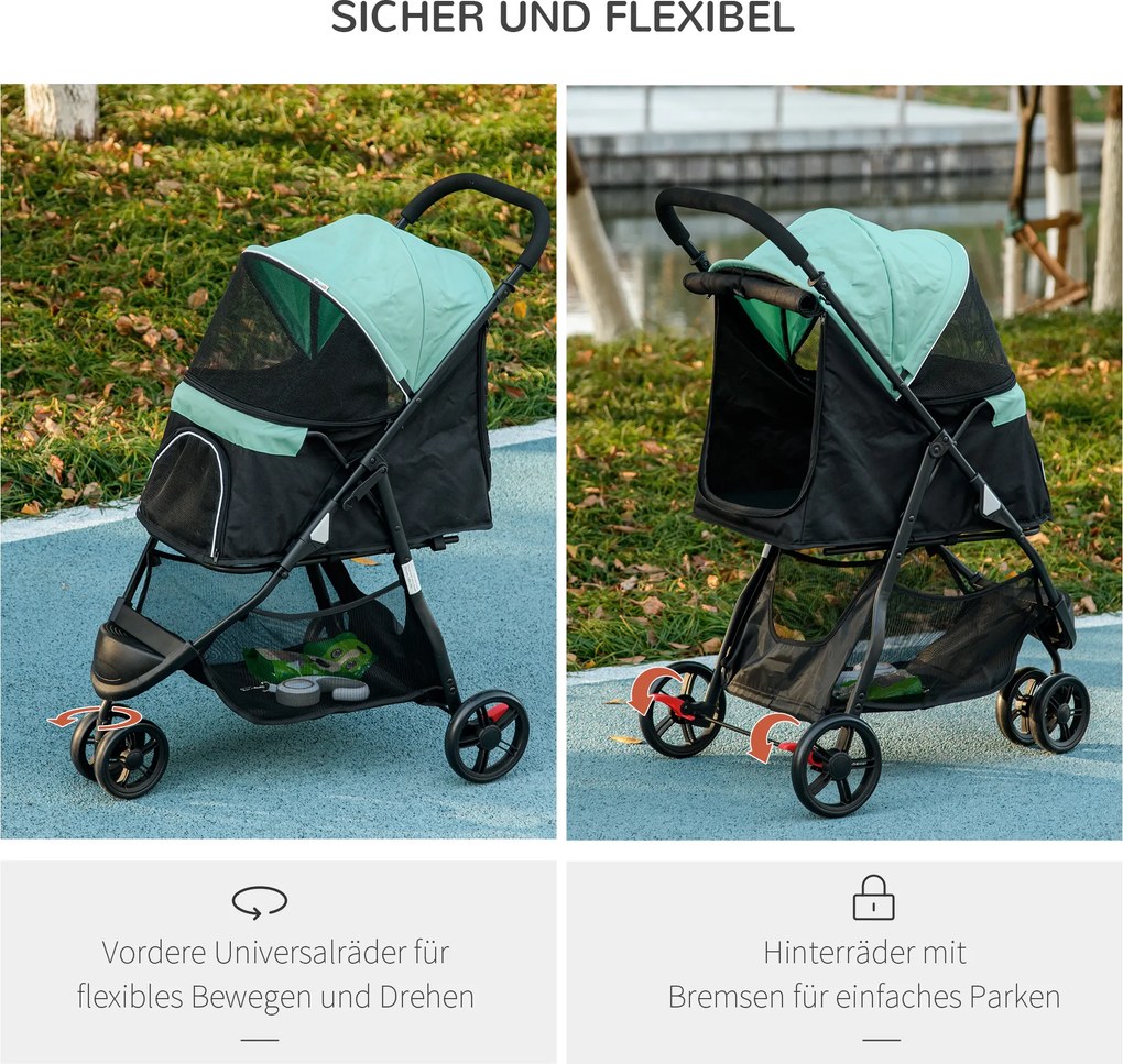 PawHut Wózek dla zwierząt domowych, składany, z osłoną przeciwdeszczową, 2 uchwyty na napoje, Niebieski + Zielony