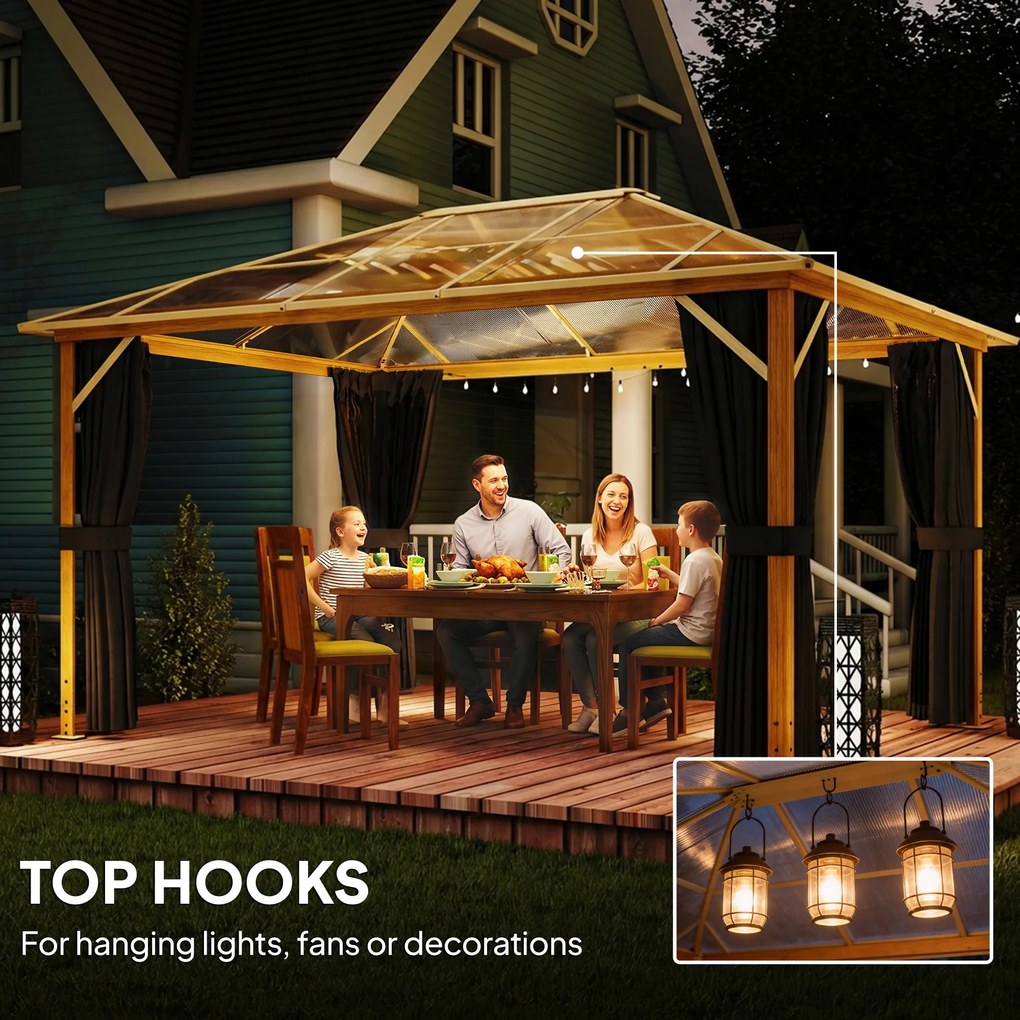 Outsunny Pawilon ogrodowy 4x3m aluminiowy z dachem z poliwęglanu 6 mm, moskitiera, 4 zasłony, imitacja drewna, naturalne drewno | Aosom PL