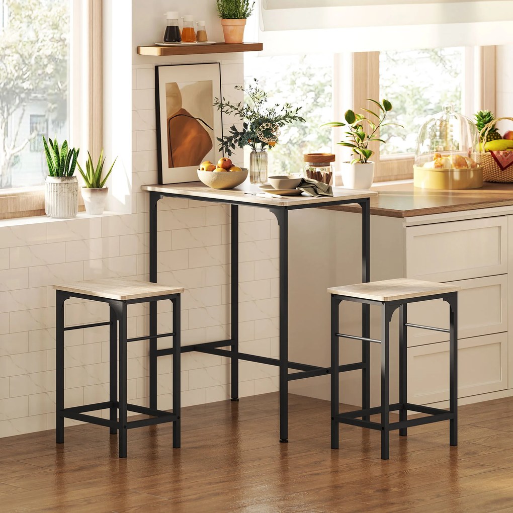 Zestaw stół barowy HOMCOM z 2 stołkami, Antypoślizgowe podkładki, Drewno naturalne