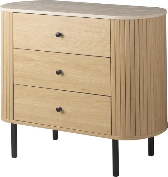 Owalna komoda z szufladami ryflowana Fabia 80 cm, dąb/trawertyn