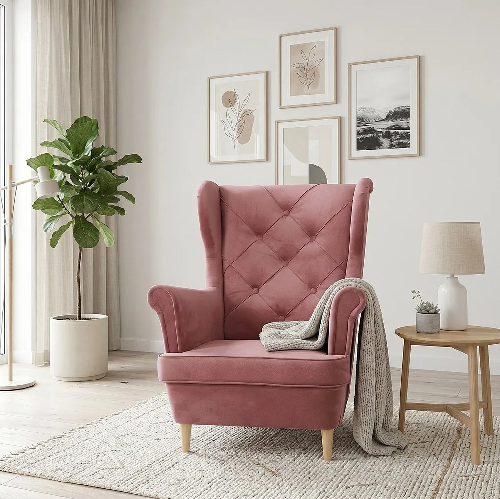 Fotel uszak YORK – elegancki fotel wypoczynkowy w tkaninie MONOLITH 63 różowej