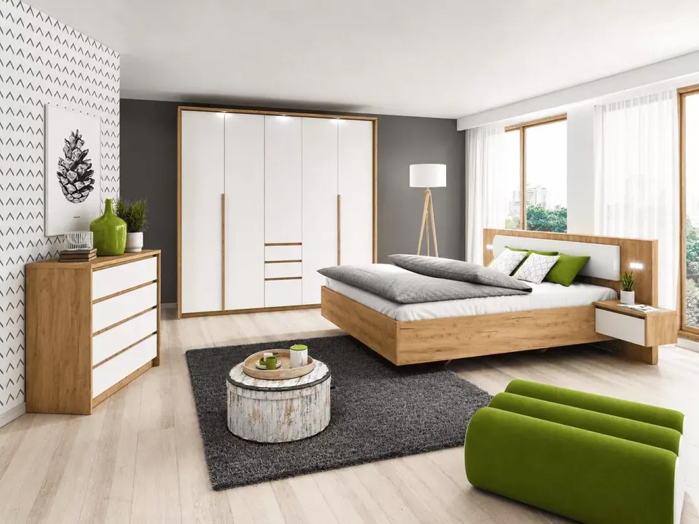 Łóżko Gino 160x200 z tapicerowanym zagłówkiem, stolikiem nocnym i oświetleniem LED