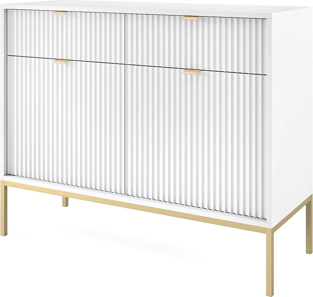 Komoda Design NOVA - Kolor: Biały, fasada Geriffelt, 2 drzwi, 2 szuflady, 83x104x39cm, złote metalowe nogi, mebel uniwersalny