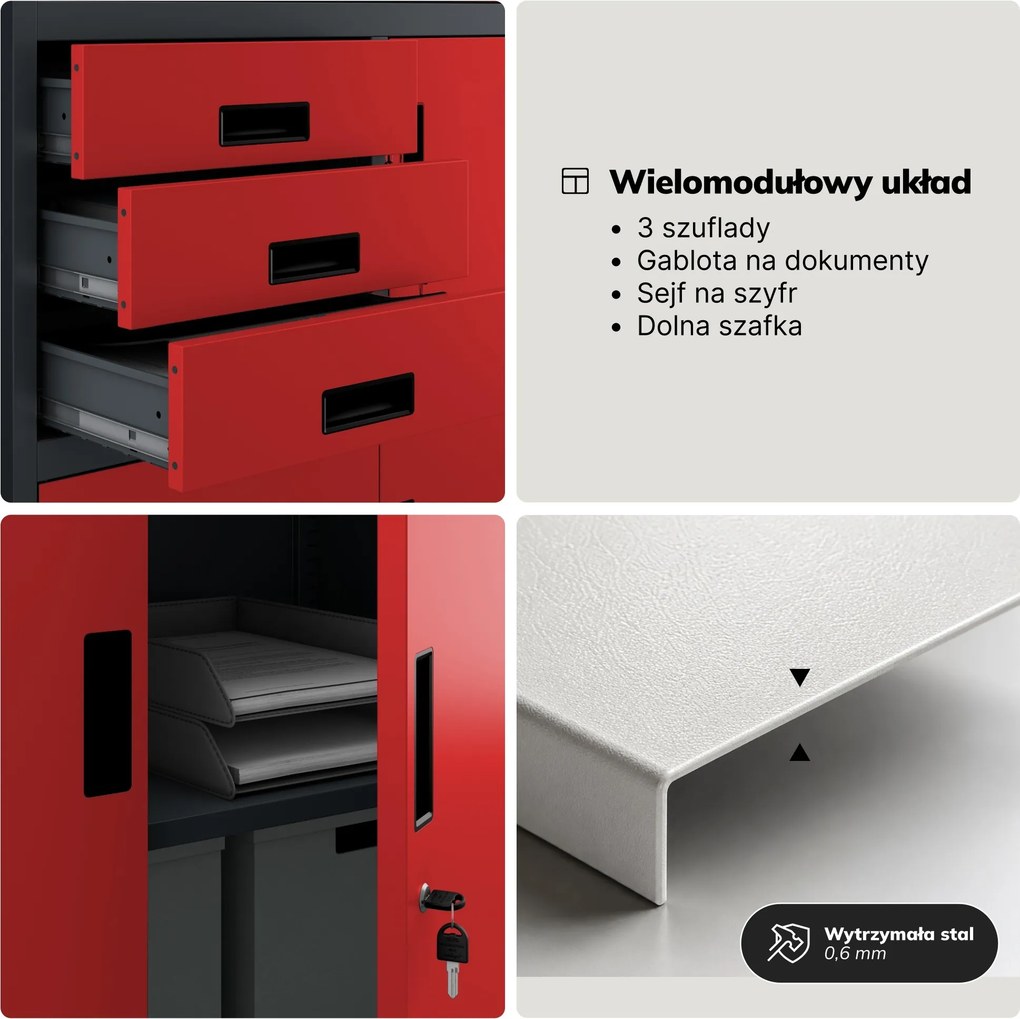 Szafa biurowa metalowa z sejfem antracytowo-czerwona, 900x1850x400 mm: FILIP II