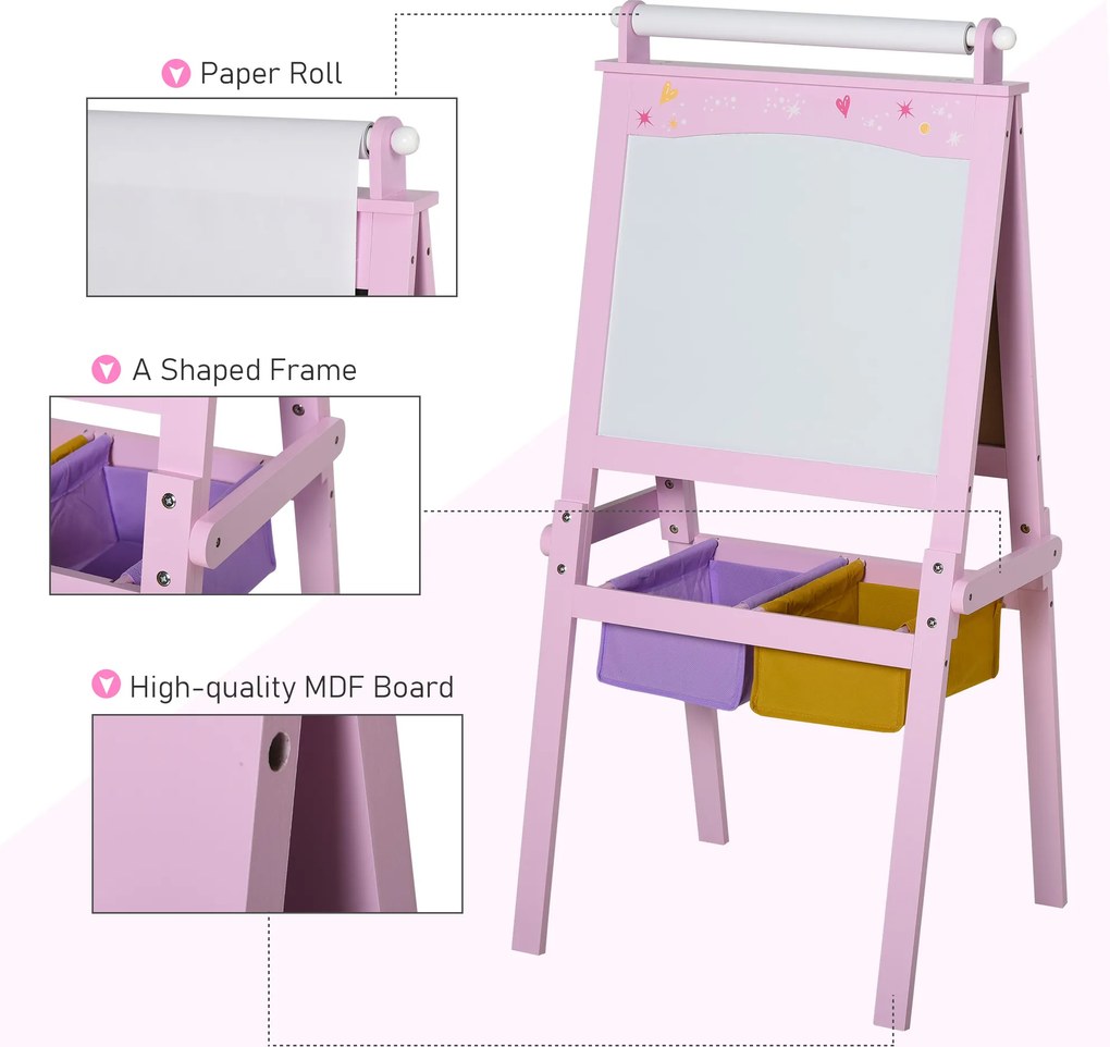Tablica dziecięca HOMCOM tablica do rysowania dla dzieci konstrukcja 3 w 1 tablica do zabawy 2 zdejmowane kosze magnetyczne dla dzieci powyżej 3 lat MDF włóknina kolor różowy 58,5 x 50,5 x 118 cm