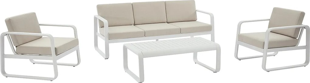 Meble ogrodowe aluminiowe: 1 kanapa 3-osobowa, 2 fotele i 1 stolik kawowy - Białe z beżowymi poduszkami - LOMIA od MYLIA