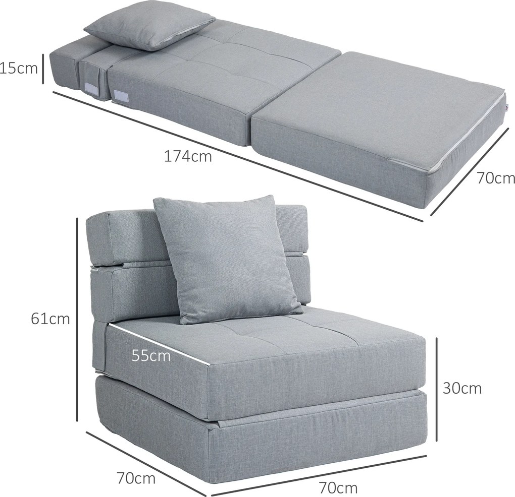 HOMCOM Fotel rozkładany z funkcją spania i poduszką jasnoszary nowoczesny styl | Aosom PL