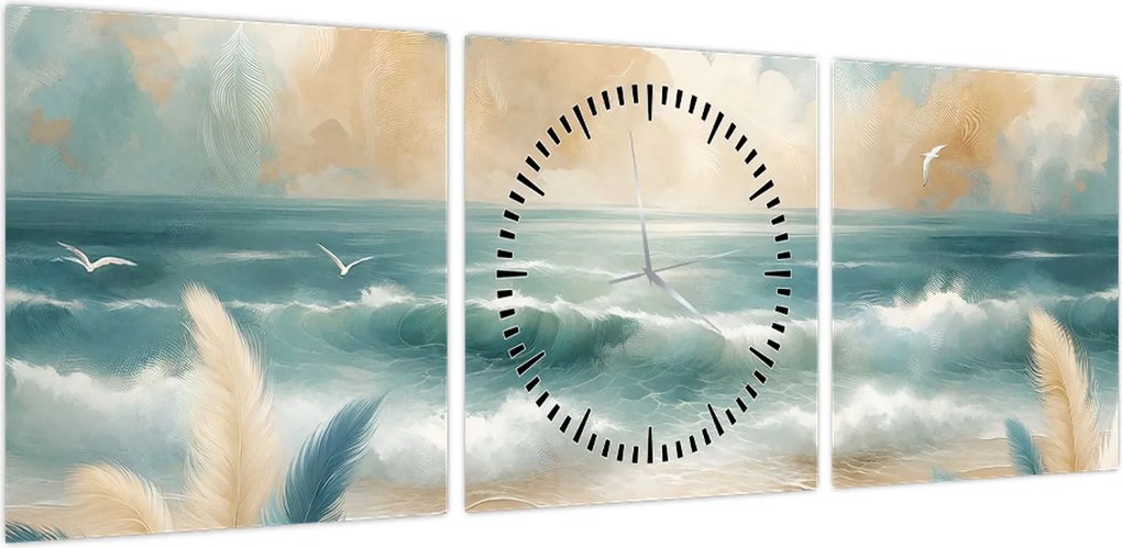 Obraz – Malowana plaża w delikatnych kolorach (z zegarem) (90x30 cm)