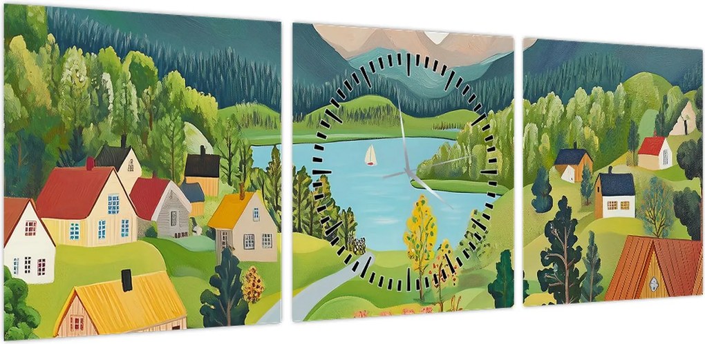 Obraz - Wioska w górach (z zegarem) (90x30 cm)