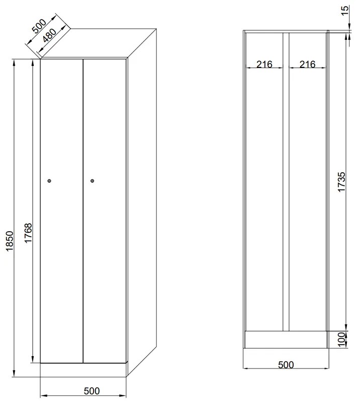 Szafka ubraniowa wąska, 2-drzwiowa, 1850 x 500 x 500 mm, zamek cylindryczny, drzwi ciemnoszare