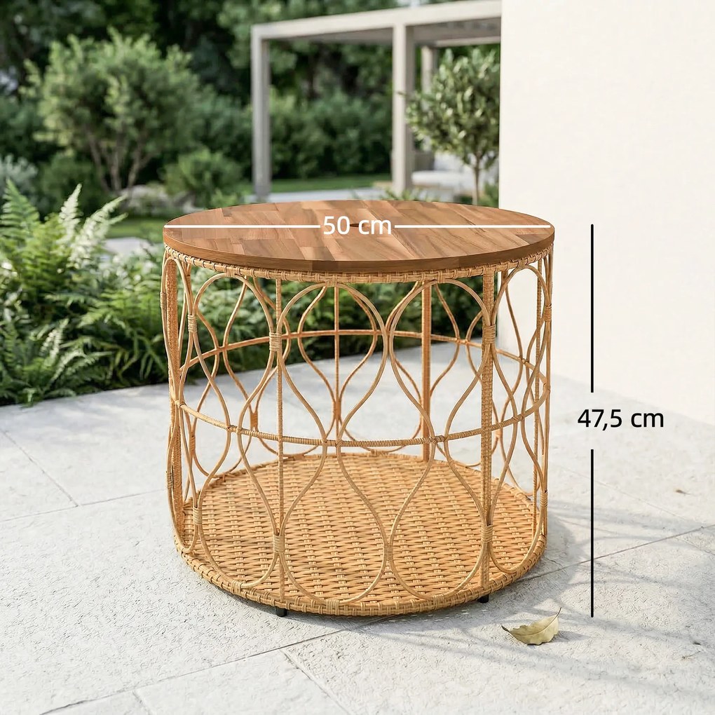 Outsunny Stolik kawowy Ø50 cm, wodoodporny stolik ogrodowy z rattanowym wykończeniem, blat z drewna akacjowego, regulowane nóżki, kolor teak | Aosom PL
