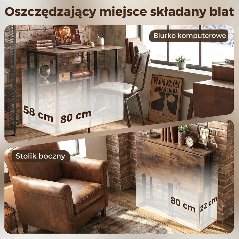 HOMCOM Składane biurko z półką, 80 cm biurko do małych pomieszczeń, biuro, rustykalny brąz | Aosom PL