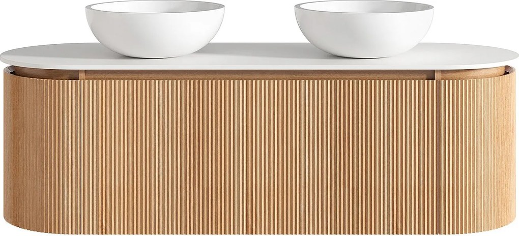 Wisząca ryflowana szafka łazienkowa z dwiema okrągłymi nablatowymi umywalkami z solid surface – jasny naturalny – szer. 150 cm – LILIKO