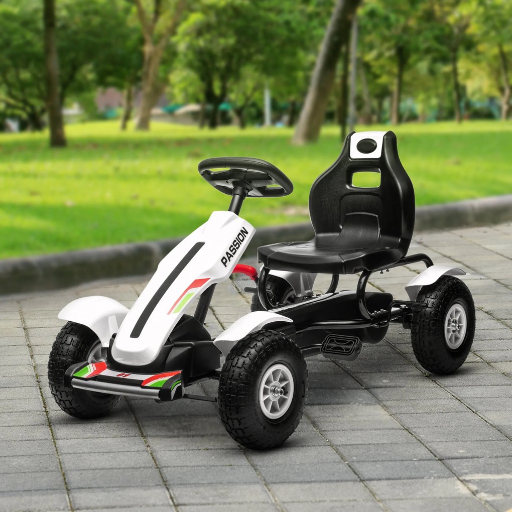 HOMCOM Gokart na pedały z hamulcem ręcznym, regulowanym siedziskiem, bieg przód-tył, do 50 kg dla dzieci 5-12 lat Biały | Aosom PL