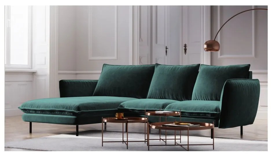 Ciemnozielona narożna aksamitna sofa lewostronna Cosmopolitan Design Vienna