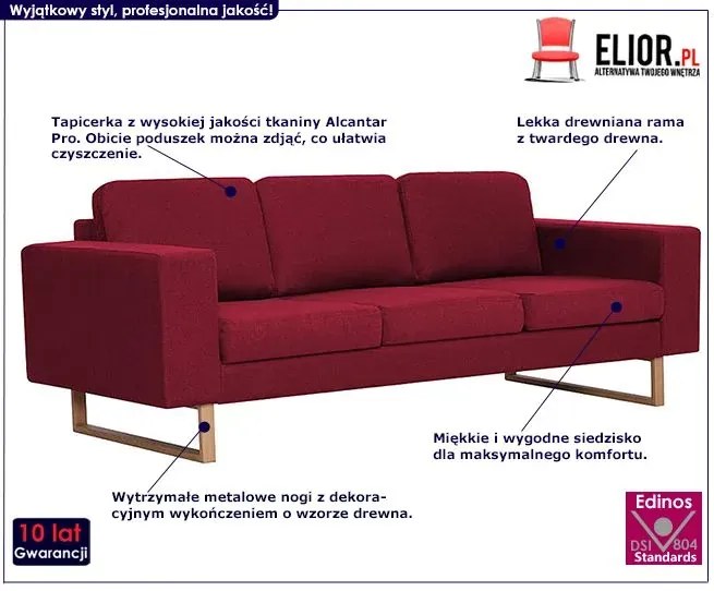 Elegancka trzyosobowa sofa Ladi 3x - czerwone wino