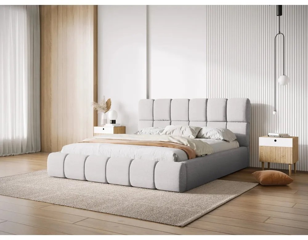 Jasnoszare tapicerowane łóżko dwuosobowe ze schowkiem i stelażem 140x200 cm Bellis – Micadoni Home