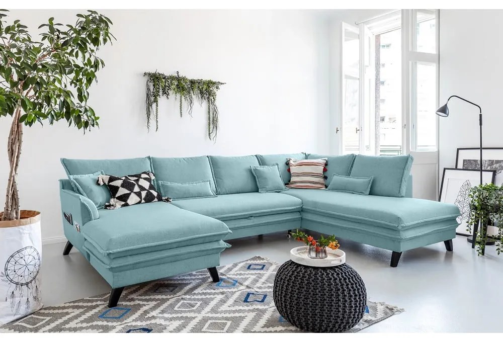 Jasnoniebieska rozkładana sofa w kształcie litery "U" Miuform Charming Charlie, prawostronna