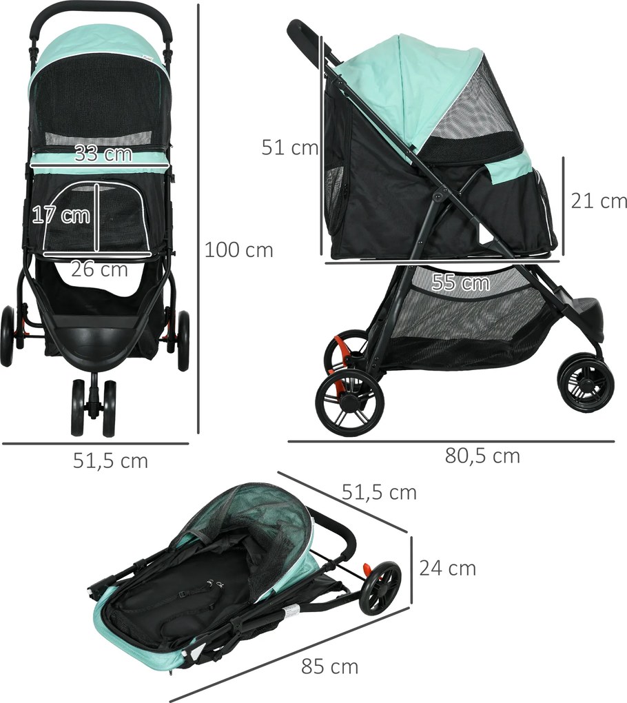 PawHut Wózek dla zwierząt domowych, składany, z osłoną przeciwdeszczową, 2 uchwyty na napoje, Niebieski + Zielony