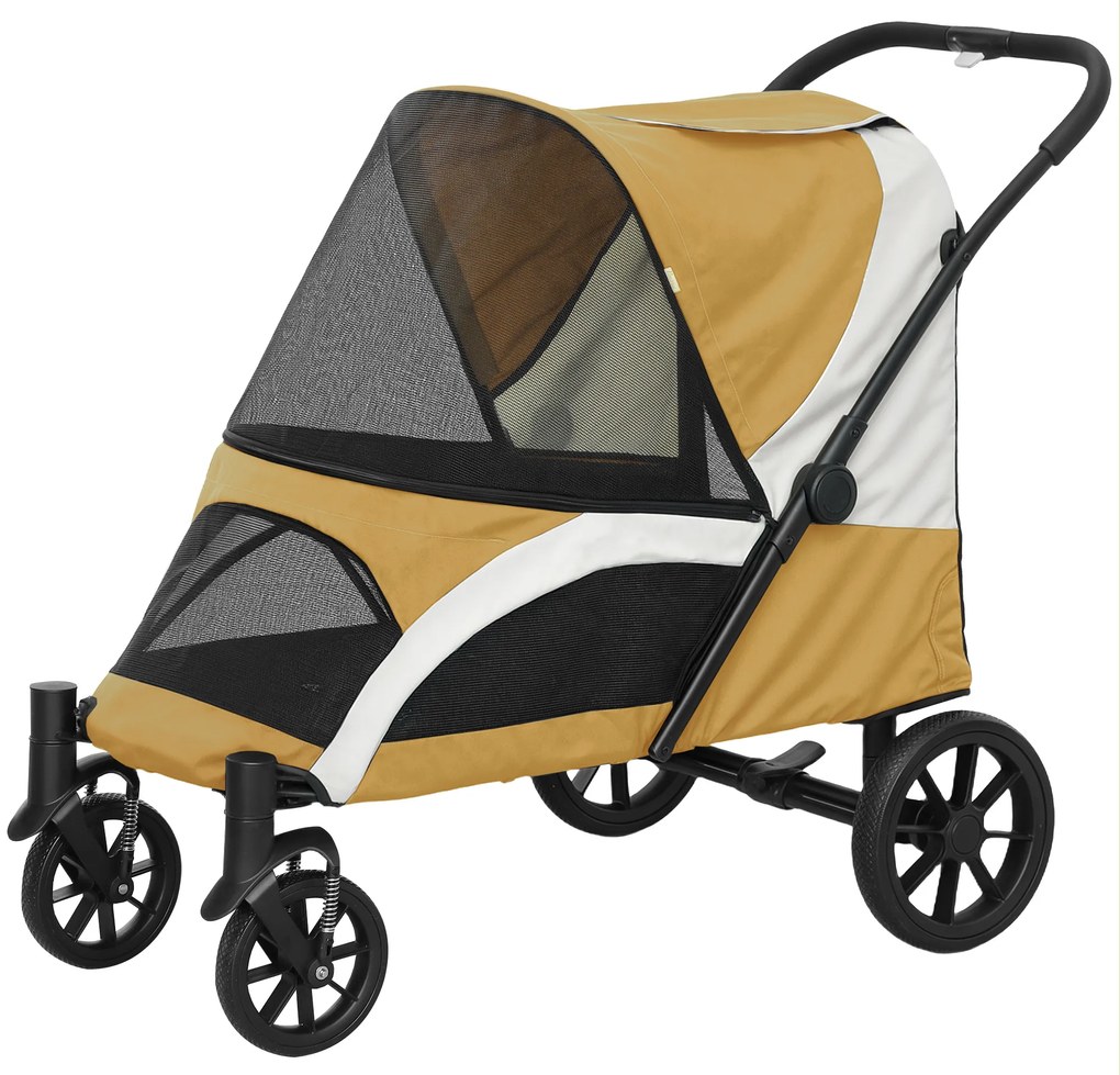 PawHut Wózek dla Psów, Składany Wózek dla Dużych Psów, Wózek dla Zwierząt z 4 Kołami, Linami Bezpieczeństwa, Hamulcami, Brązowy